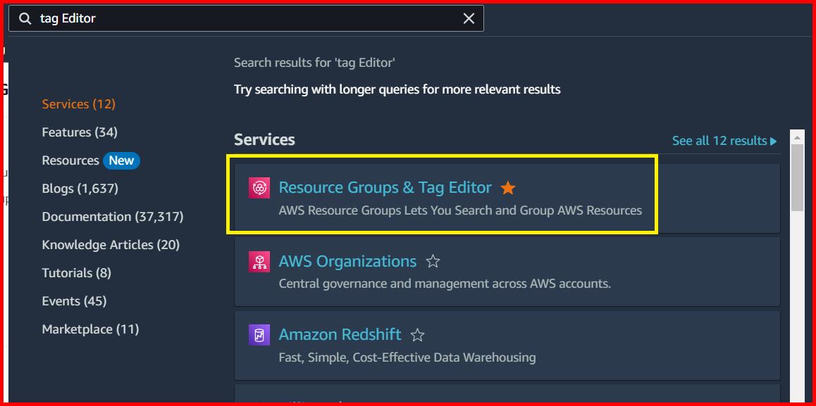 Picture showing the Resource Groups & Tag Editor service in the search result